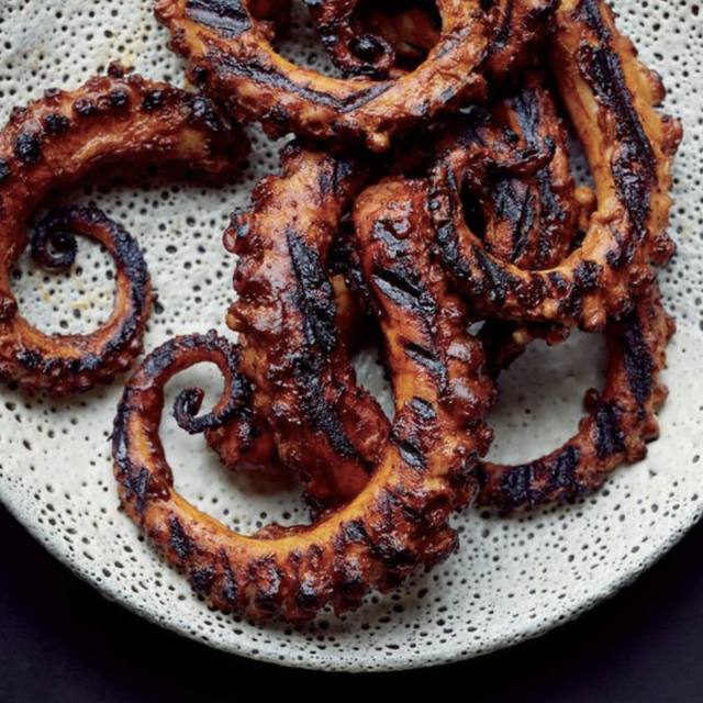 Charred octopus, grilled tentacles on a speckled plate